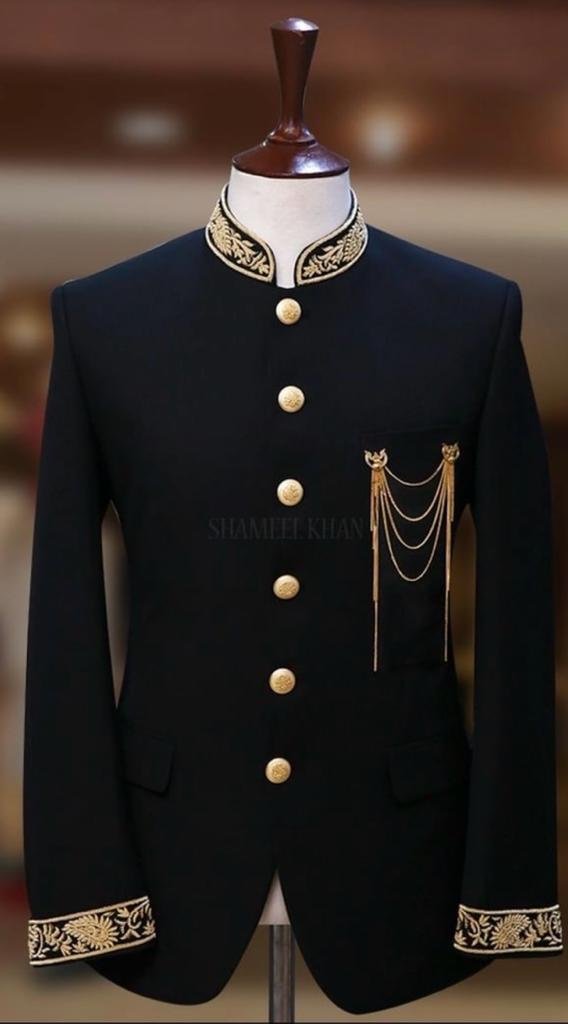 Black Prince Bandhgala with Gold Bullion Collar Embroidery & Lapel Chain