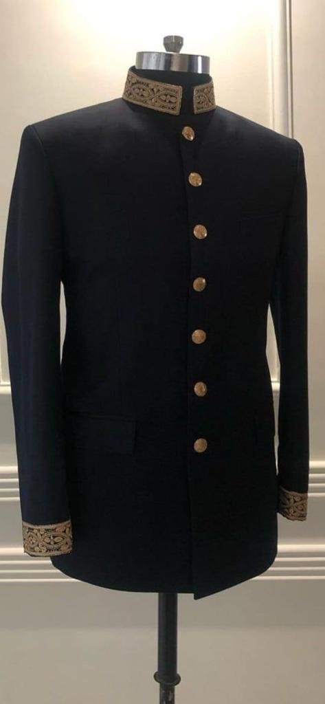 Classic Navy Blue Sherwani with Bullion Hand-Embroidered Collar and Cuffs