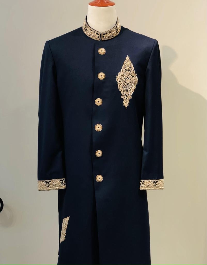 Midnight Blue Zardozi Embroidered Royal Sherwani with Gold Accents