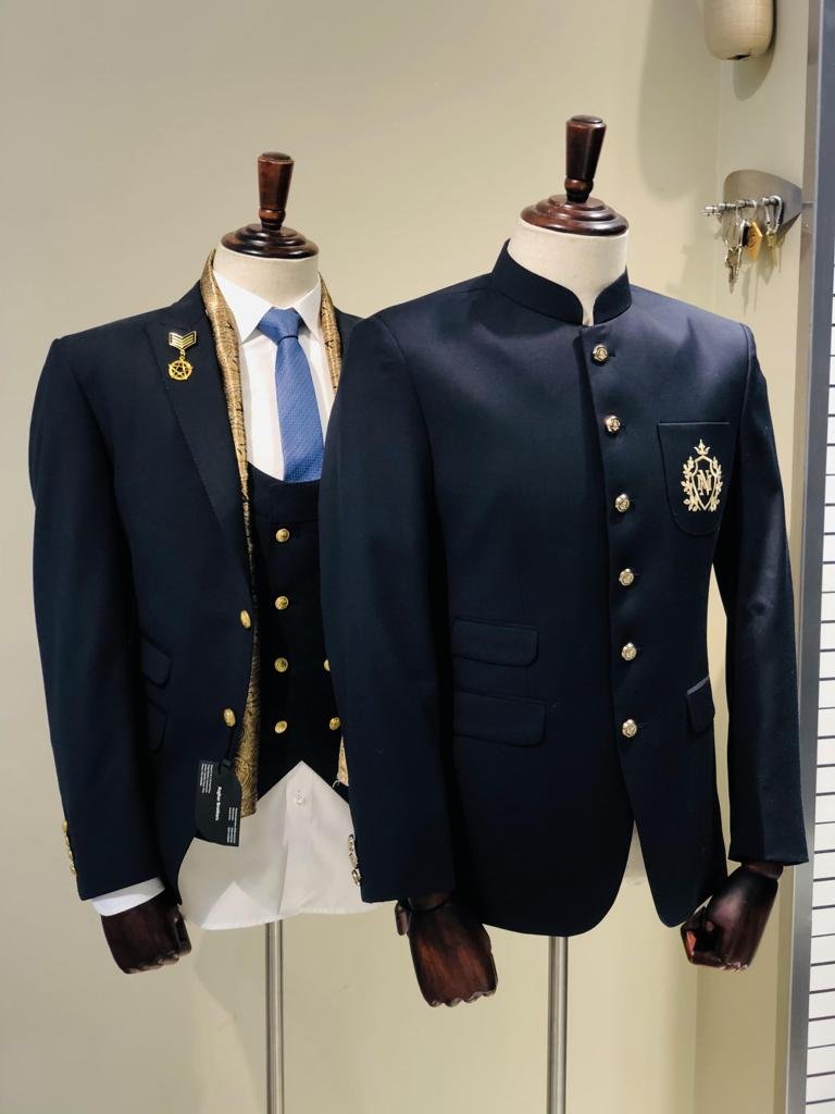 Bespoke Duo: Navy 3-Piece Brocade Suit & Royal Blue Crest Bandhgala
