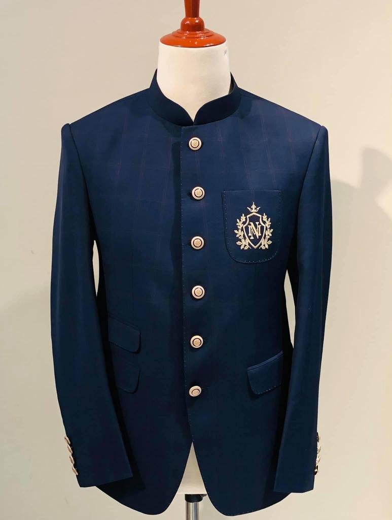 Royal Blue Jodhpuri Bandhgala with Embroidered Gold Crest Pocket & Buttons
